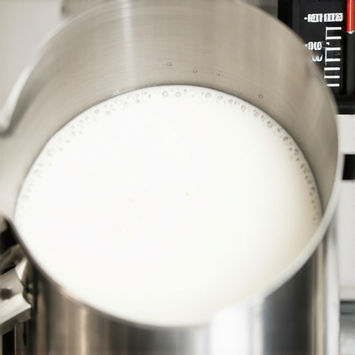 Mastering Milk Temperature and Microfoam Close up of a milk pitcher with perfect microfoam and a thermometer.