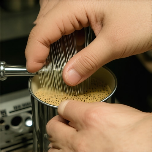 Barista using a WDT tool to stir espresso grounds in a portafilter