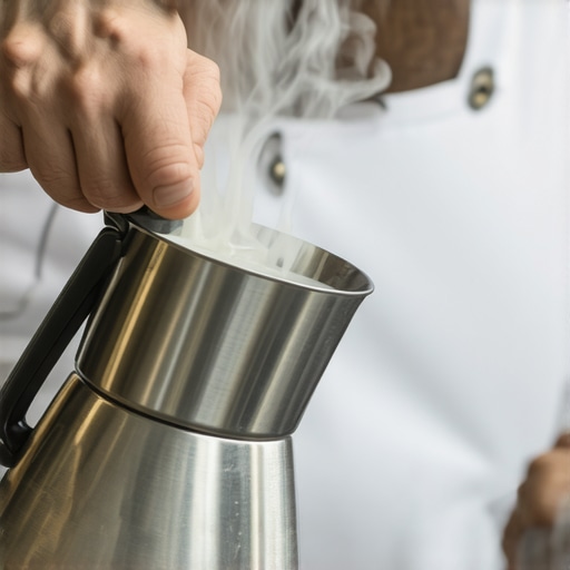 Mastering the Small Volume Vortex A detailed shot showing the 45-degree tilt of a milk pitcher to create depth for steaming microfoam.