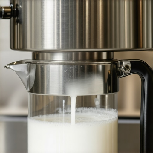 Mastering the pitcher tilt for small milk volumes Close up of a tilted milk pitcher showing a vortex during steaming