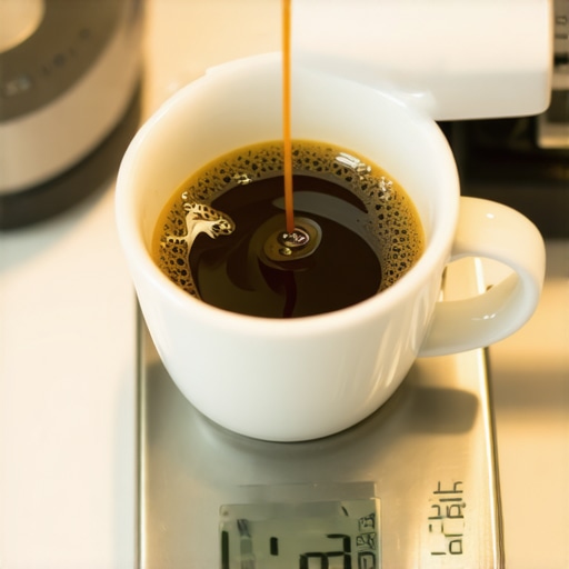 An espresso cup on a thin digital scale under a bottomless portafilter with minimal space.
