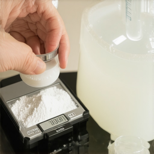 Mixing minerals for espresso water A person measuring potassium bicarbonate for DIY espresso water chemistry