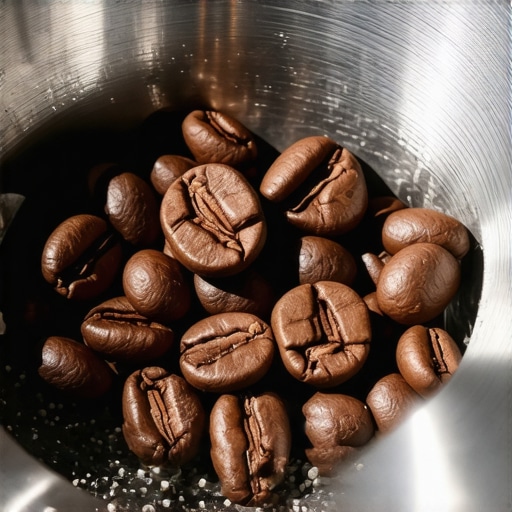 Close up of oily dark roast coffee beans inside a metal grinder showing residue buildup.