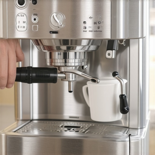 Hands using a tool to open a stainless steel espresso machine showing internal components.
