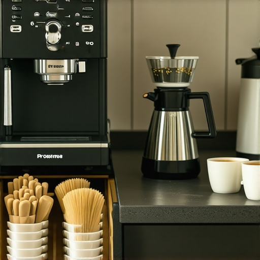 Organized home barista station with tools and espresso gear