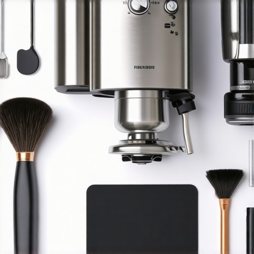 Organized Home Barista Station and Maintenance Tools A clean home espresso setup with maintenance tools and a coffee grinder.
