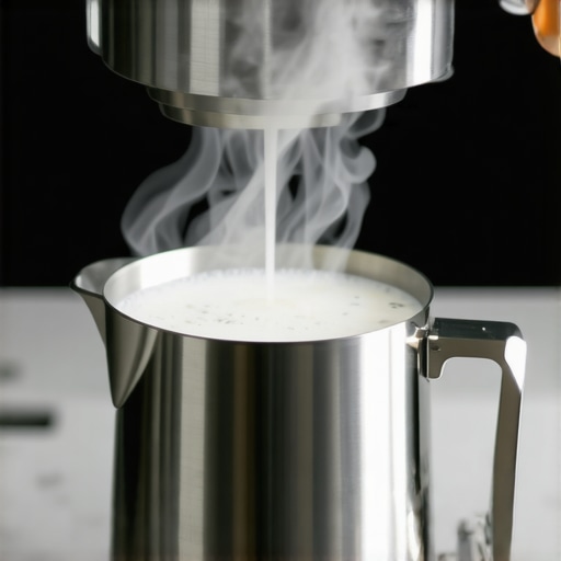 Perfecting the Almond Milk Vortex A detailed shot of almond milk creating a glossy whirlpool vortex in a pitcher for latte art.