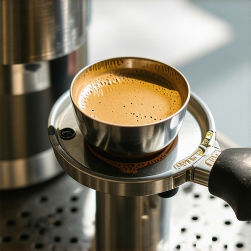 Perfectly Tamped Espresso Puck A level coffee puck in a portafilter with a spring-loaded tamper