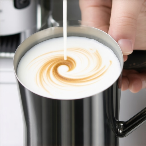 A barista creating a whirlpool vortex with soy milk in a steaming pitcher to ensure silky texture.