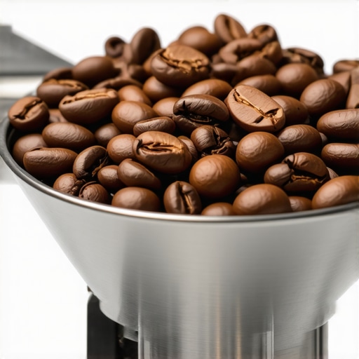 Close-up of oily dark roast coffee beans being poured into an espresso grinder hopper for seasoning burrs.