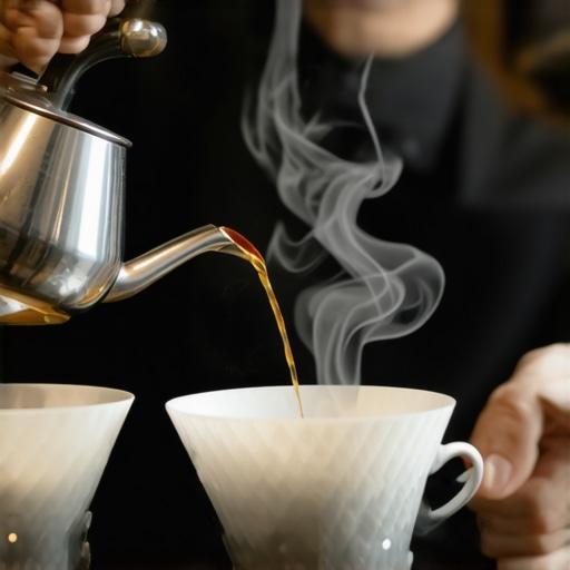 Barista rinsing a paper filter with hot water to eliminate cardboard flavors in espresso.