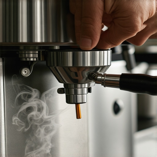 Pre-warming the espresso portafilter for better heat stability A hand locking a hot portafilter into an espresso machine with steam rising