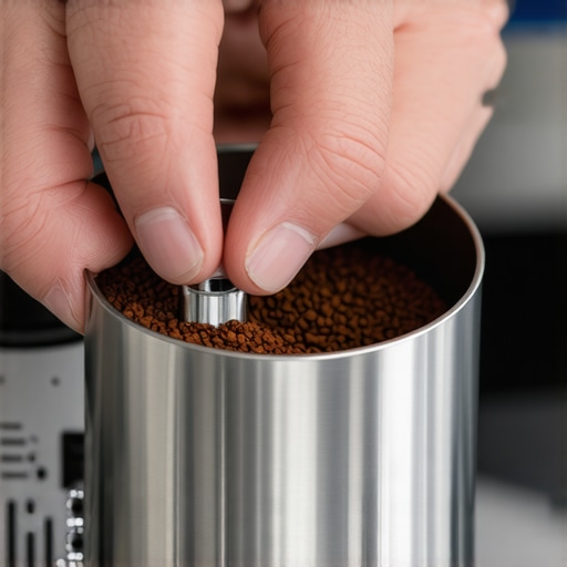 A barista cleaning a coffee grinder discharge chute with a pipe cleaner to maintain espresso consistency.