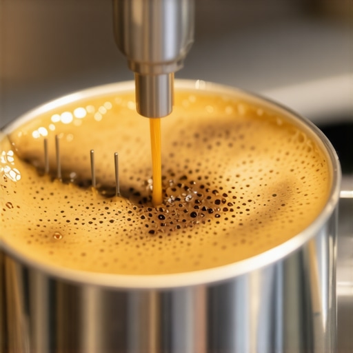 A close-up shot of a barista using a needle distribution tool on coffee grounds in a portafilter.