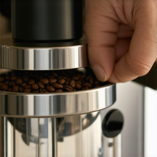 Precision Espresso Grinder Adjustment Hand turning the adjustment dial of a coffee grinder while in operation