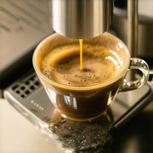 Close-up of a thin espresso scale and bottomless portafilter in action for better clearance.