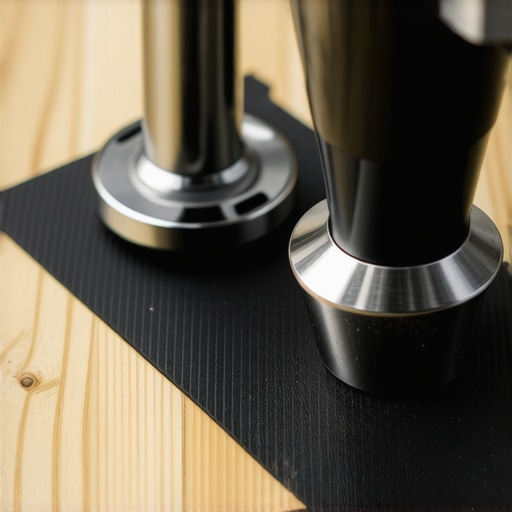 A high-quality espresso tamper resting safely on a protective rubber mat.