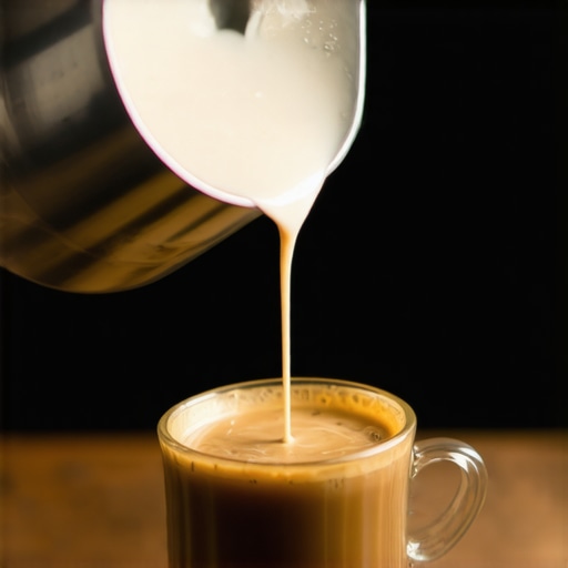 Close-up of milk being poured from a height into an espresso shot to create a macchiato.