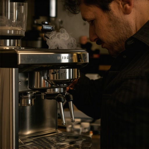 Barista using a needle distribution tool to prepare coffee grounds for espresso.