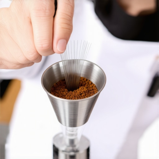 Barista using a WDT tool to declump coffee grounds in an espresso portafilter