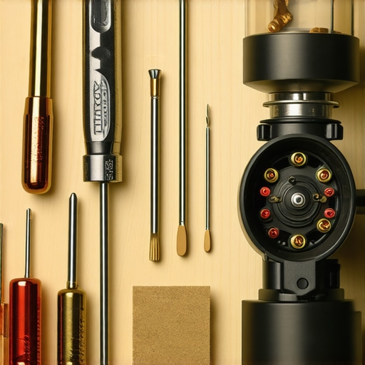 A set of high-quality screwdrivers and internal coffee grinder components on a repair bench.