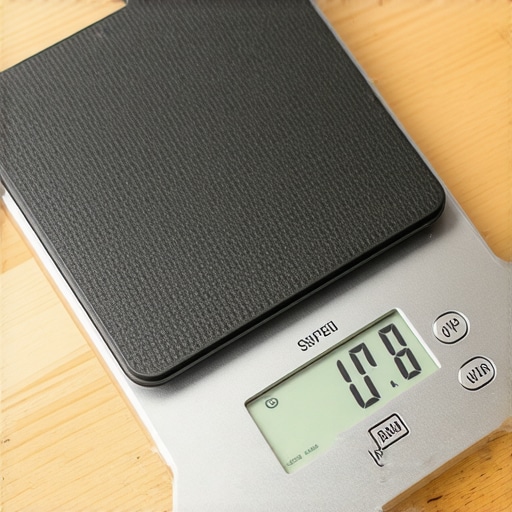 A digital coffee scale with a black silicone protective pad on a clean countertop