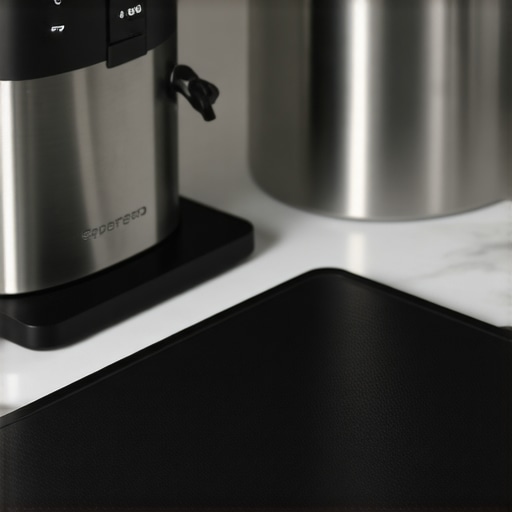 A textured black silicone mat used for an espresso station to prevent spills and odors.