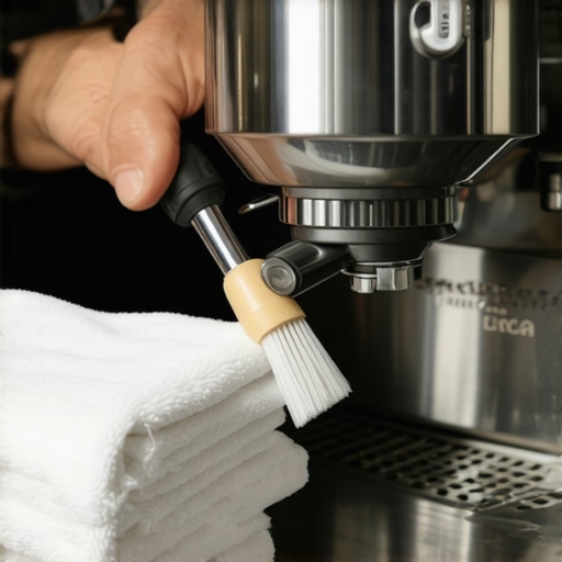 Proactive Espresso Machine Maintenance A barista cleaning the group head of an espresso machine with a specialized brush and microfiber cloths.