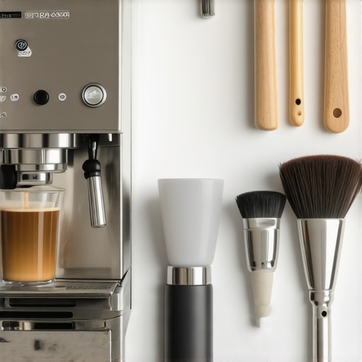 Professional Barista Cleaning Kit and Espresso Station A selection of barista maintenance tools on a wooden countertop next to an espresso machine.