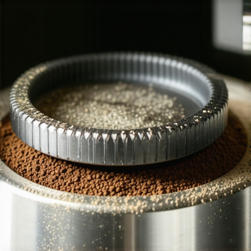 Close up of precision flat burrs in an espresso grinder showing coffee retention