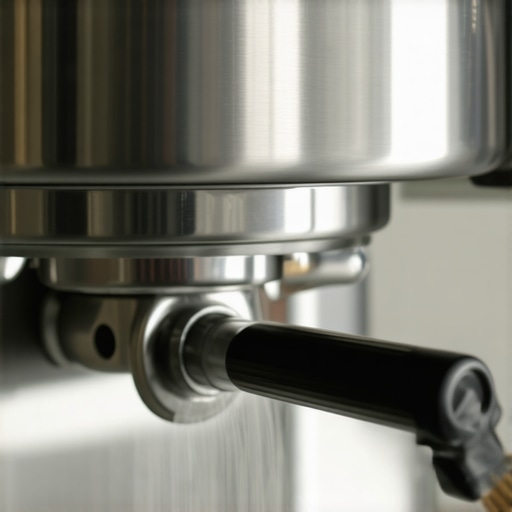 A barista cleaning the group head of a high-end espresso machine with a brush.