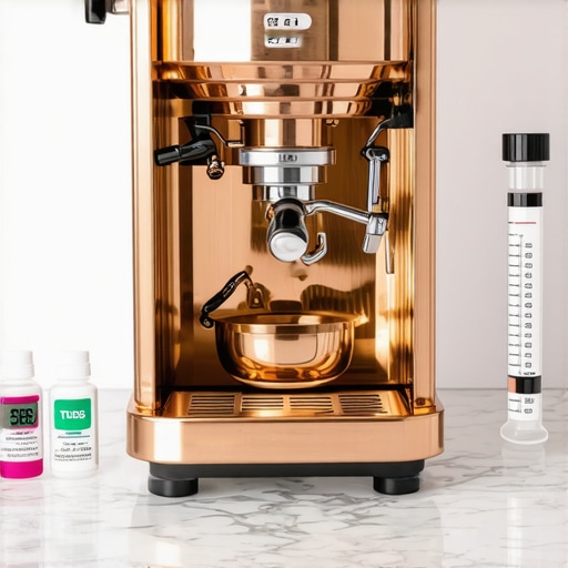 Professional Espresso Machine Maintenance Tools Macro view of clean espresso machine internals and water chemistry test kit