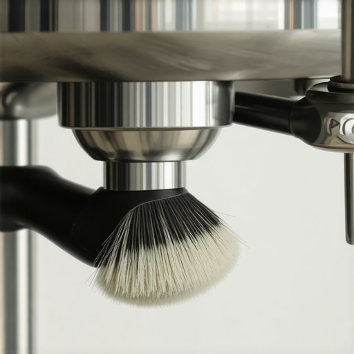 A clean espresso machine group head and cleaning brush on a kitchen counter.
