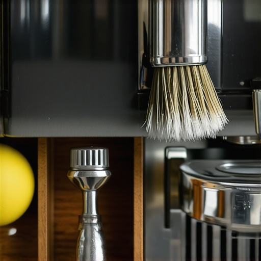 Professional Espresso Machine Maintenance Tools High-end espresso machine maintenance with WDT tool and cleaning brush on a wooden organizer