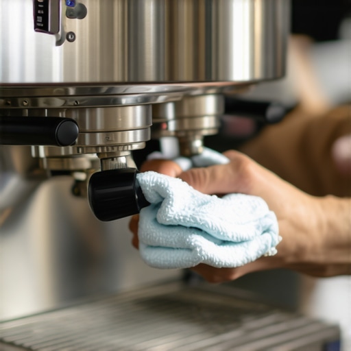 Close-up of cleaning an espresso machine group head to remove coffee oils.