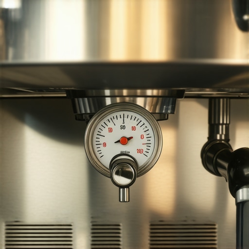 A close-up of an espresso machine pressure gauge at the ideal 9-bar extraction level.
