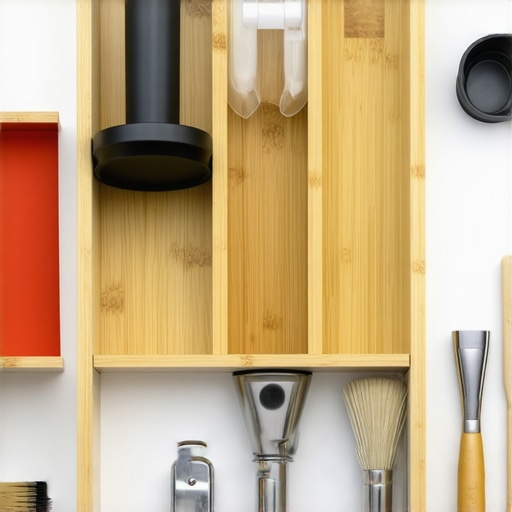 A top-down view of a perfectly organized coffee accessory drawer with dividers and silicone lining.