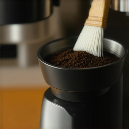 A person cleaning the internal burrs of a high-end espresso grinder with a brush.