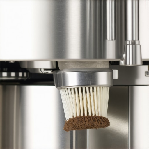 Professional Group Head Cleaning Technique Close up of a barista cleaning an espresso machine group head with a brush to remove coffee oils.