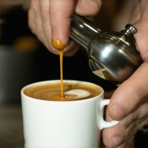 A barista pouring glossy microfoam into a cup of espresso to create latte art.