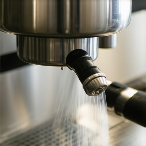 A close-up of an espresso machine steam wand releasing a burst of steam during a purge.