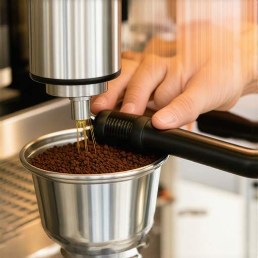 Barista using a needle distribution tool on espresso grounds