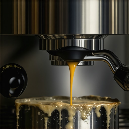 Professional espresso extraction through a bottomless portafilter A macro shot showing the fine details of a professional espresso shot extraction.