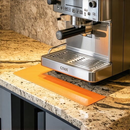 Professional espresso machine isolation mat High-end espresso machine seated on a black silicone vibration isolation mat on a kitchen counter.