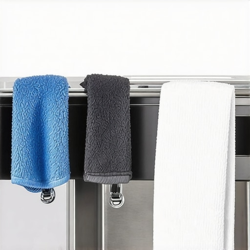 Three color-coded espresso cleaning cloths hanging for airflow on an espresso machine.