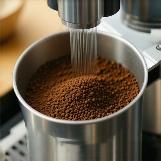 A close-up of thin metal needles distributing coffee grounds inside an espresso portafilter basket.