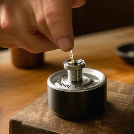 A barista applying food-grade grease to the threads of a coffee grinder to stop a screeching sound.