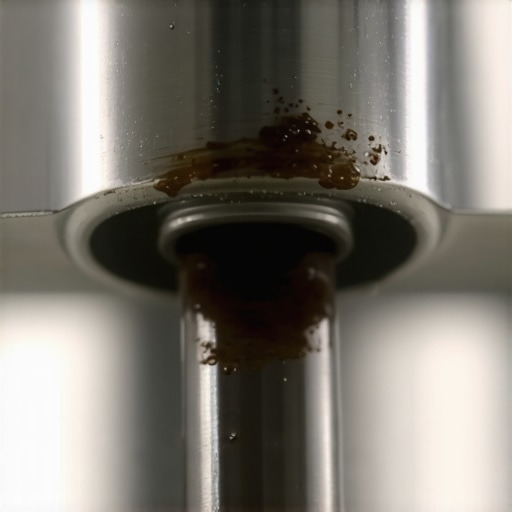 Close-up of coffee oil residue inside an espresso portafilter spout