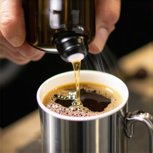 Close-up of misting coffee beans in a dosing cup to prevent static