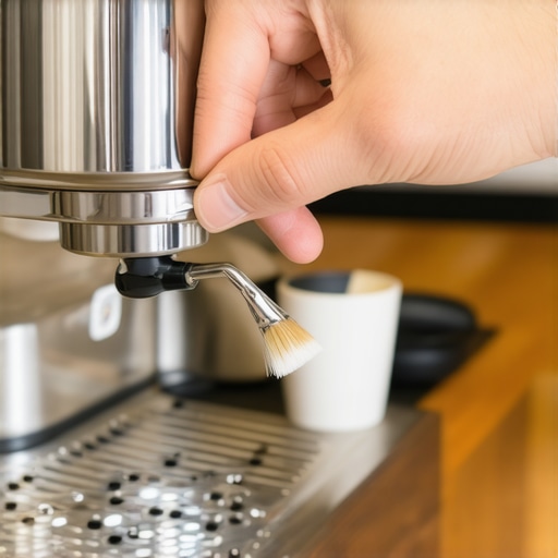 A barista cleaning the group head gasket of an espresso machine with a specialized brush.
